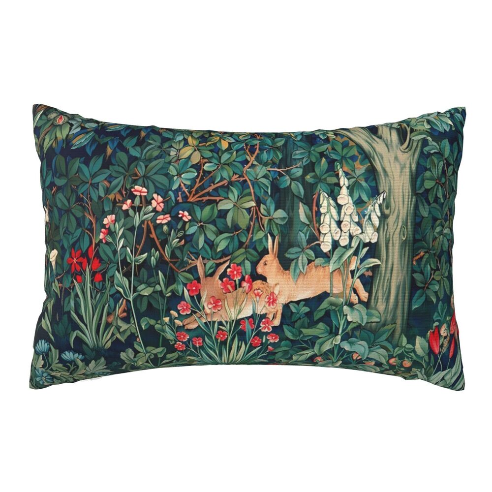 1600 William Morris Fox Hares Blue Green Floral Fores Throw Pillow Cover
